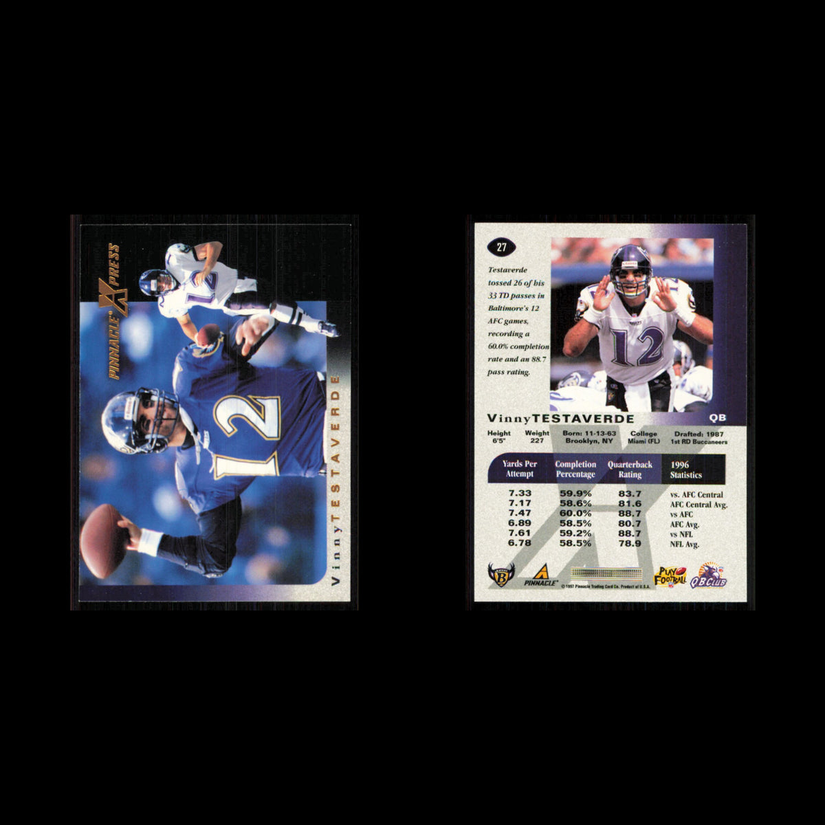 Vinny Testaverde #27 1997 Pinnacle X-Press Baltimore Ravens Football Card NFL NM