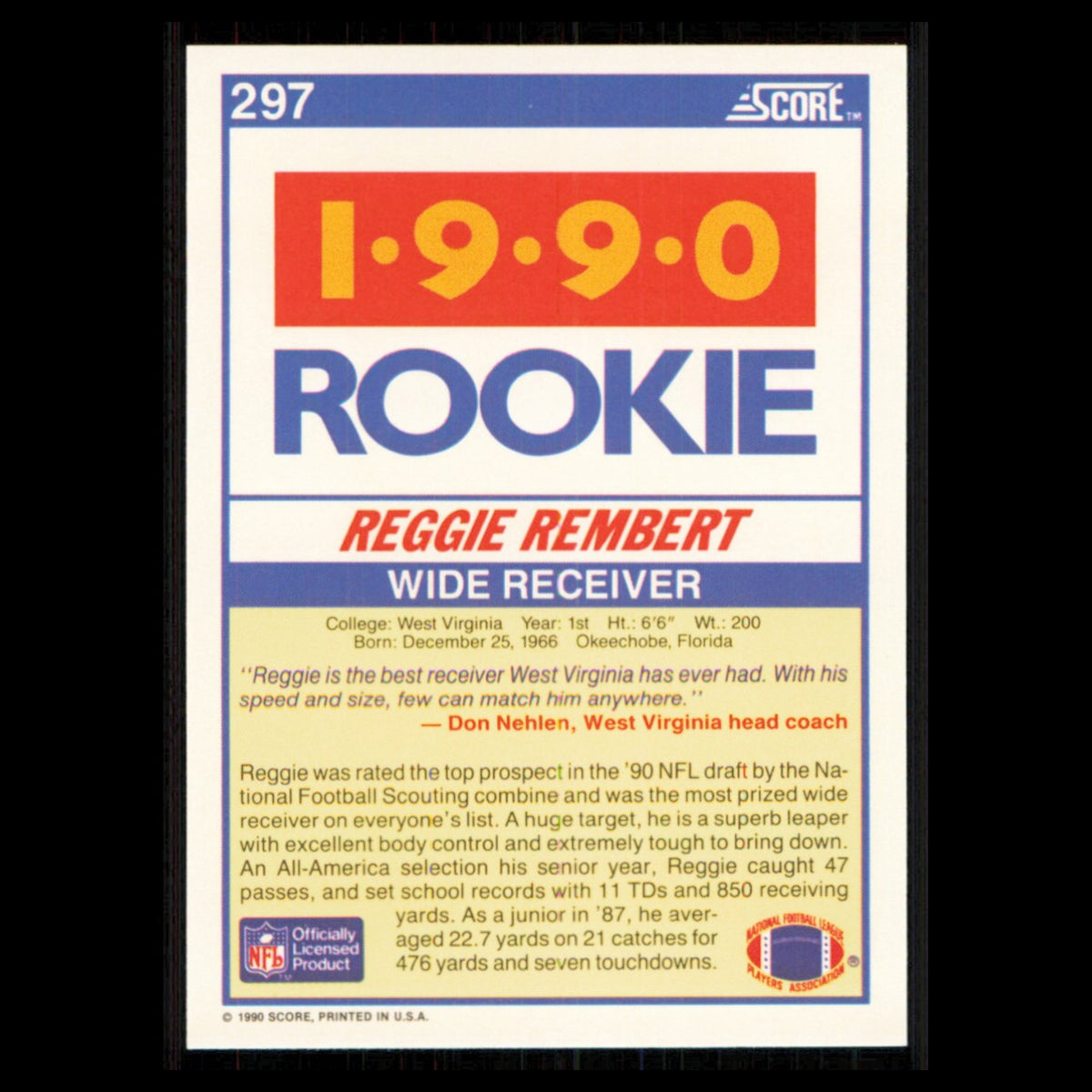 Reggie Rembert Rookie #297 1990 Score West Virginia Mountaineers Football Card