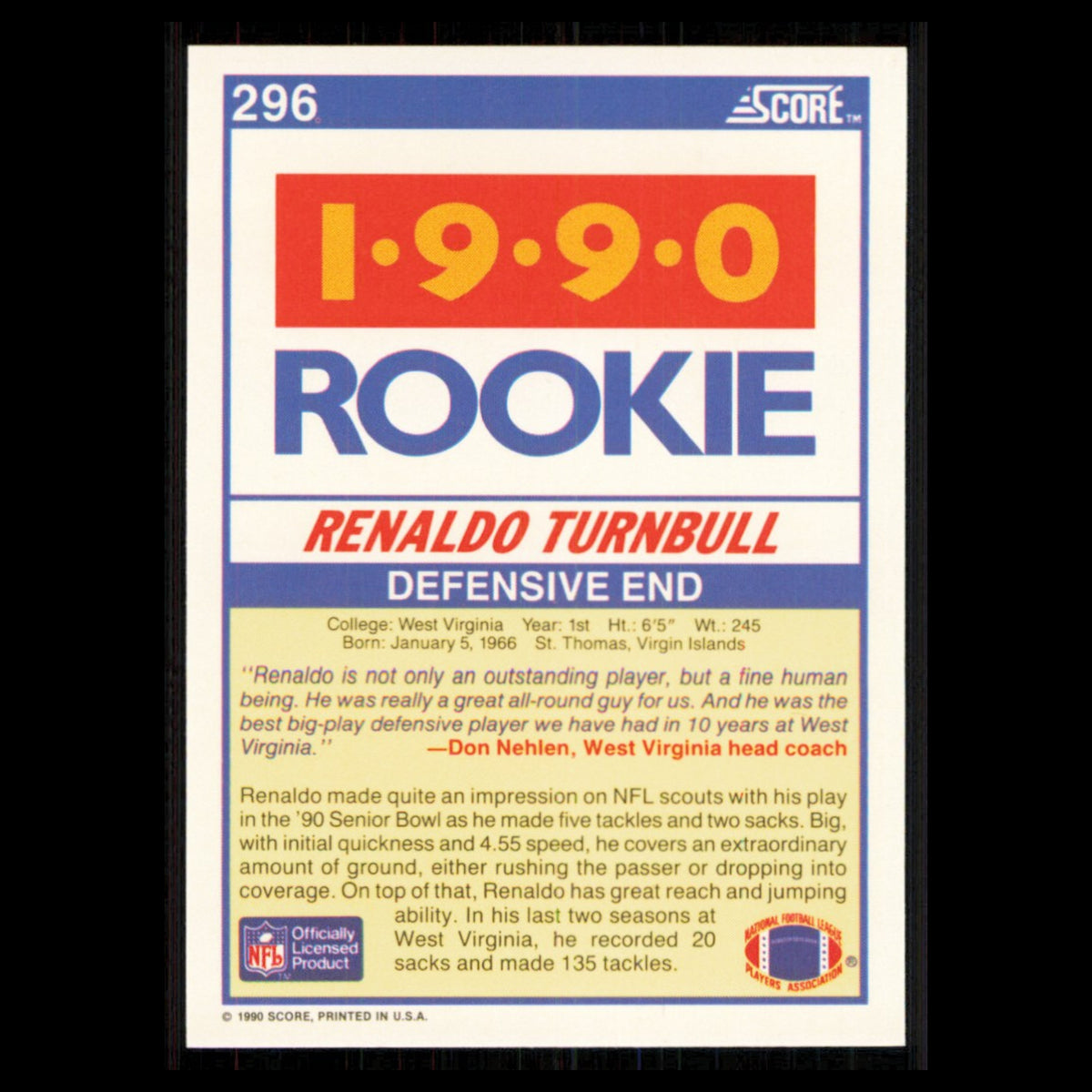 Renaldo Turnbull Rookie #296 1990 Score West Virginia Mountaineers Football Card