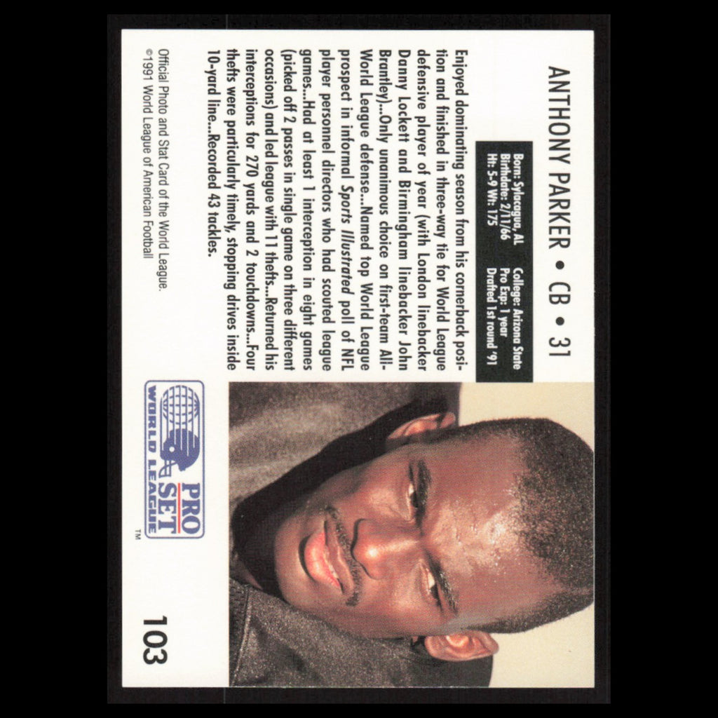 Anthony Parker #103 1991 Pro Set WLAF NY NJ Knights Football Card NFL NM