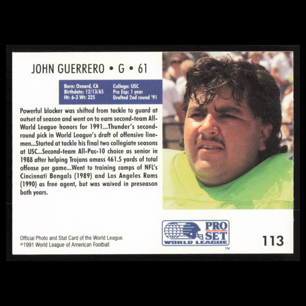 John Guerrero #113 1991 Pro Set WLAF Orlando Thunder Football Card NFL NM