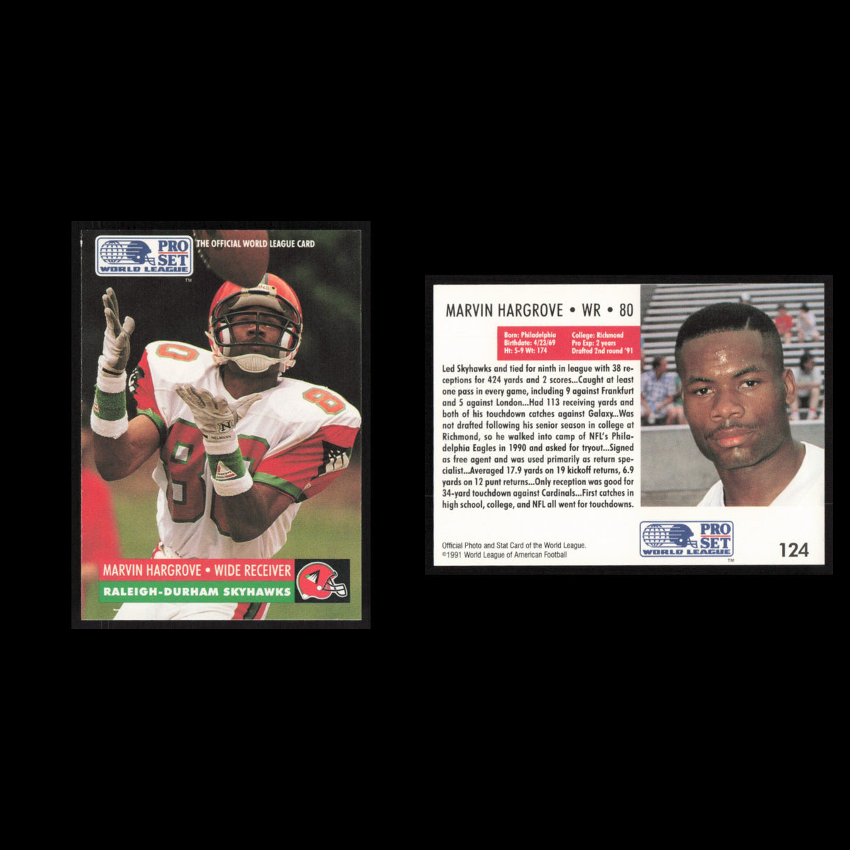 Marvin Hargrove #124 1991 Pro Set WLAF Raleigh-Durham Skyhawks Football Card NFL