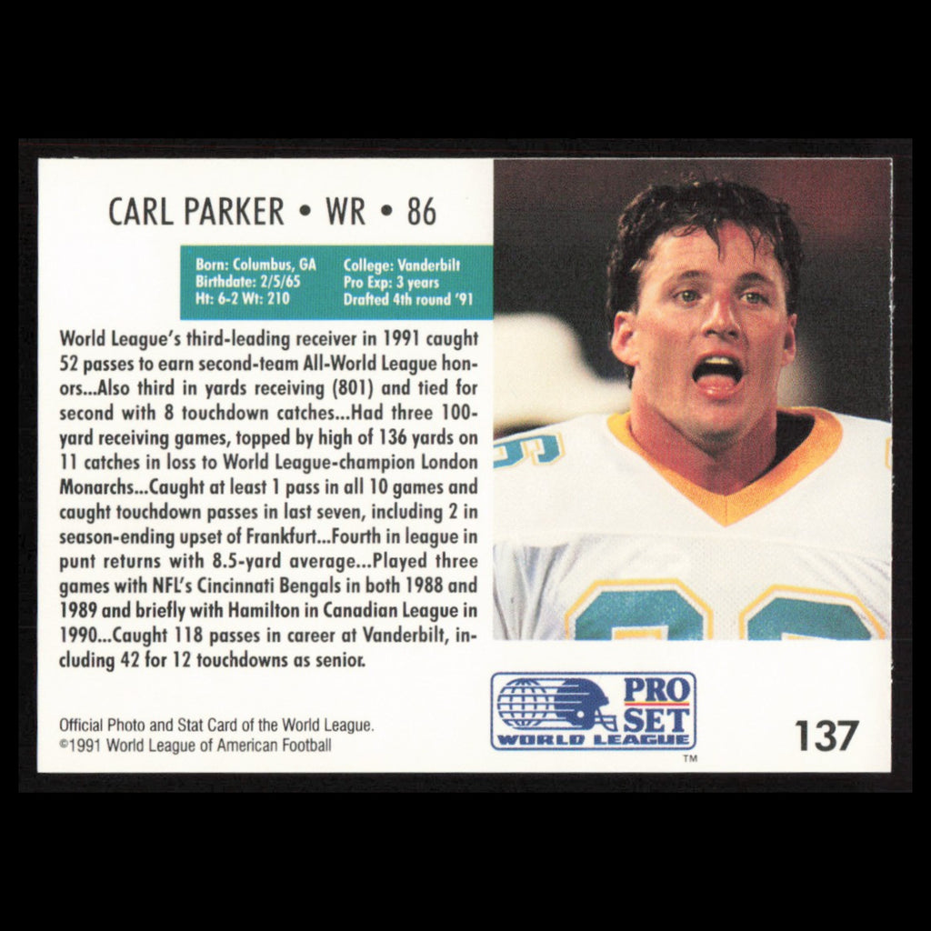 Carl Parker #137 1991 Pro Set WLAF Sacramento Surge Football Card NFL NM