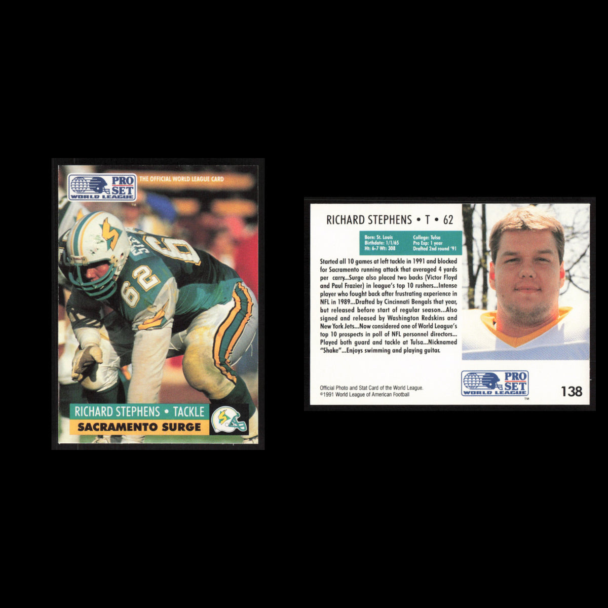 Richard Stephens #138 1991 Pro Set WLAF Sacramento Surge Football Card NFL NM