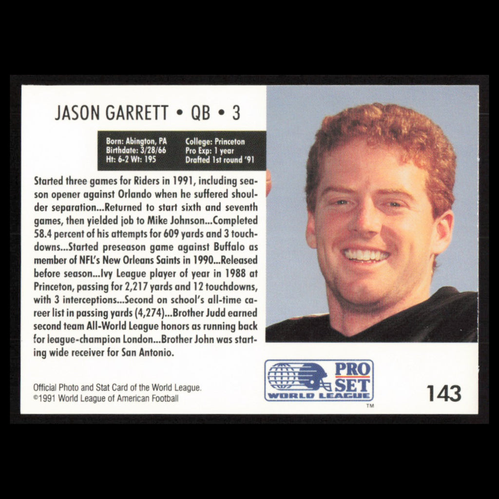 Jason Garrett #143 1991 Pro Set WLAF San Antonio Riders Football Card NFL NM