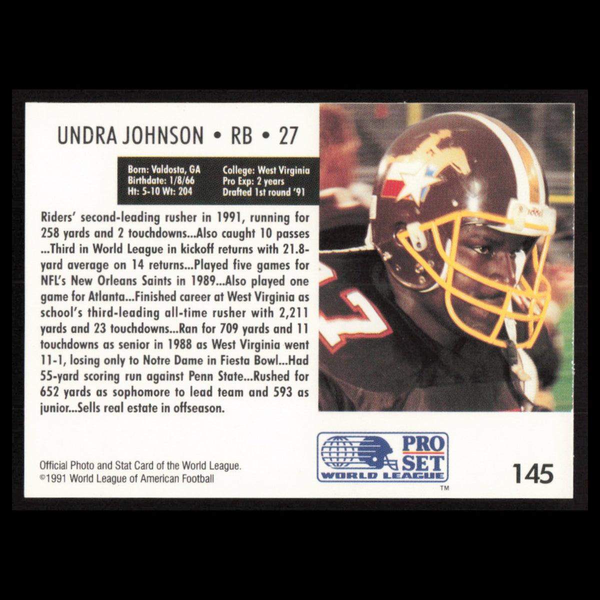 Undra Johnson #145 1991 Pro Set WLAF San Antonio Riders Football Card NFL NM