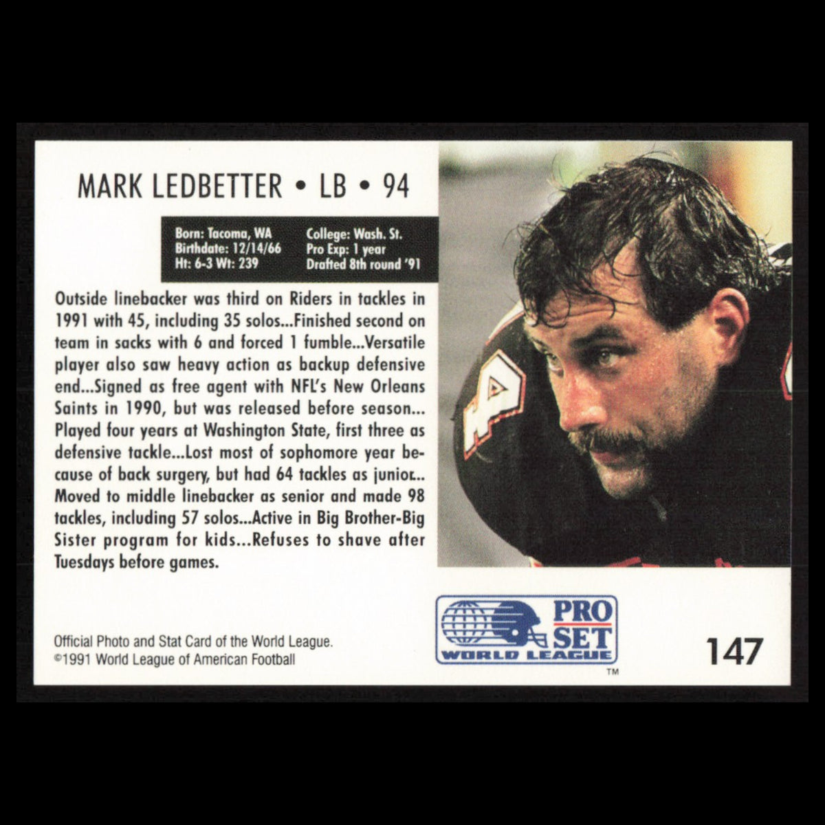 Mark Ledbetter #147 1991 Pro Set WLAF San Antonio Riders Football Card NFL NM