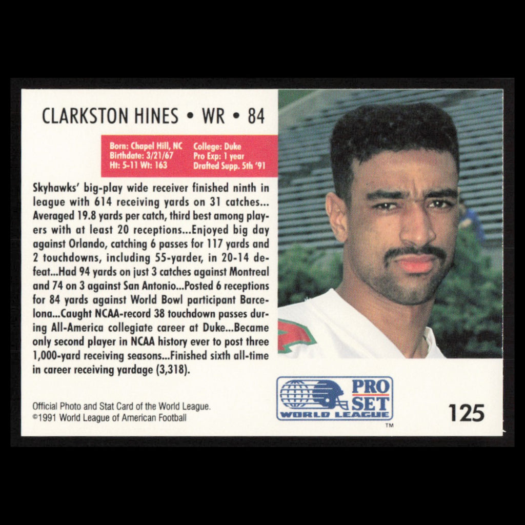 Clarkston Hines #125 1991 Pro Set WLAF Raleigh-Durham Skyhawks Football Card NFL