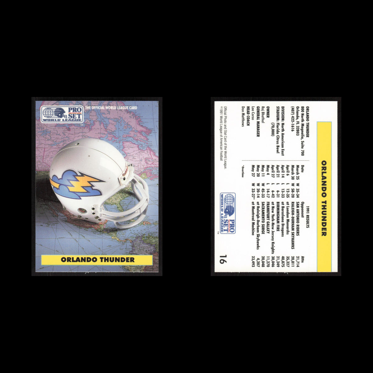 Team Card #16 1991 Pro Set WLAF Orlando Thunder Football Card NFL NM