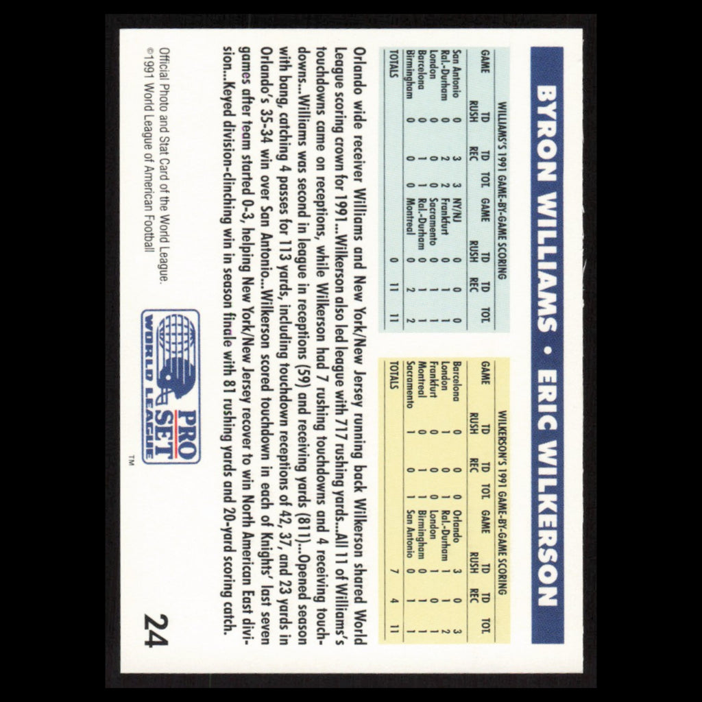 Byron Williams/Eric Wilkerson #24 1991 Pro Set WLAF Football Card NFL NM