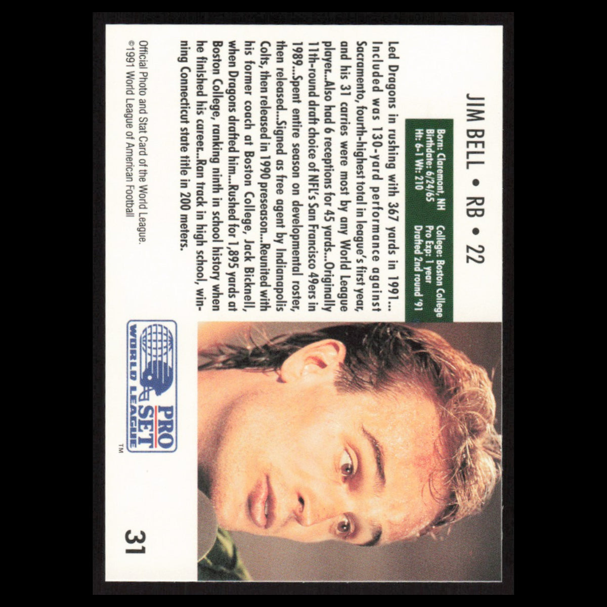 Jim Bell #31 1991 Pro Set WLAF Barcelona Dragons Football Card NFL NM