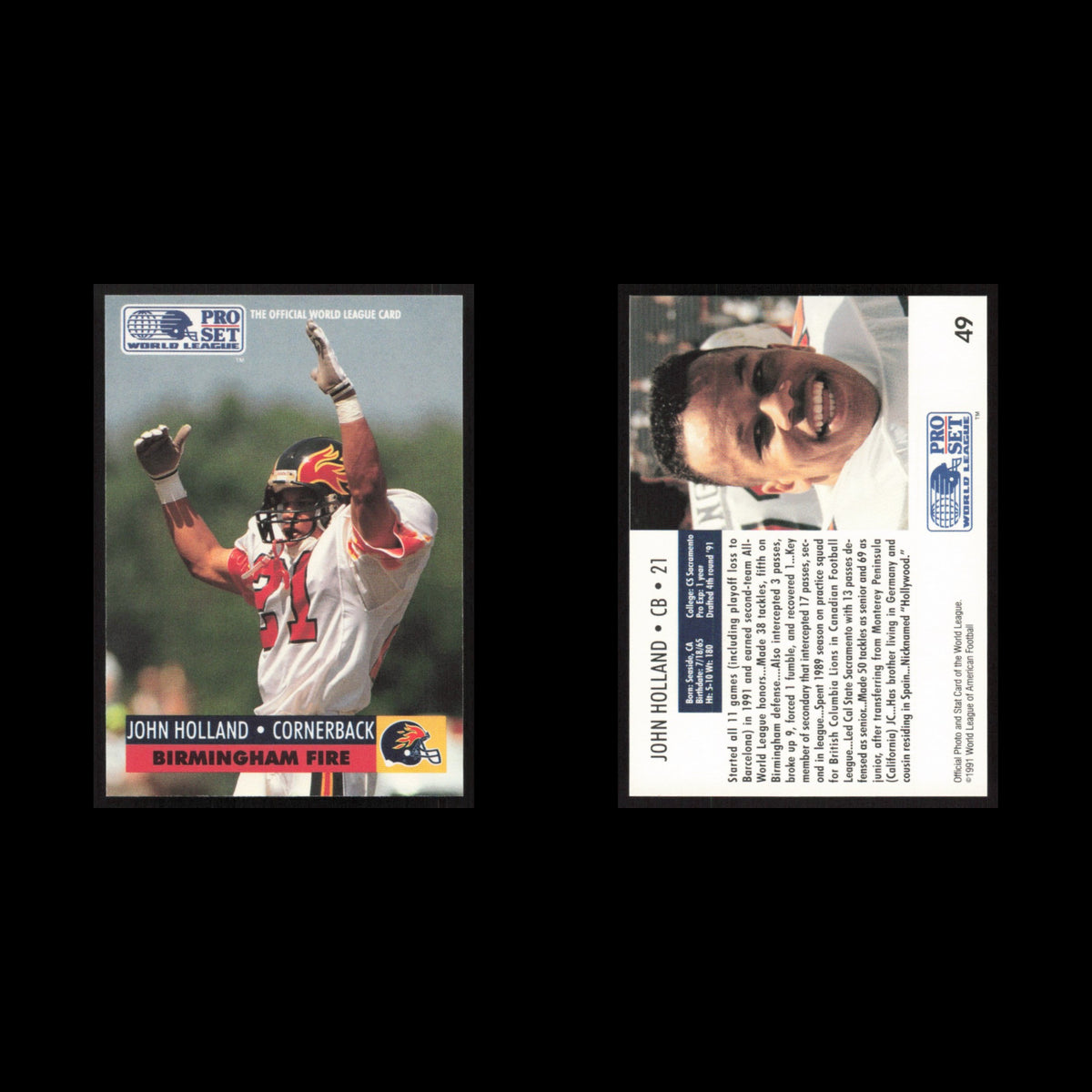 John Holland #49 1991 Pro Set WLAF Birmingham Fire Football Card NFL NM