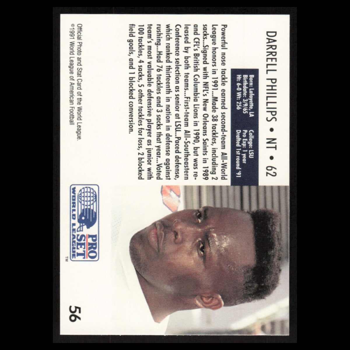 Darrell Phillips #56 1991 Pro Set WLAF Birmingham Fire Football Card NFL NM