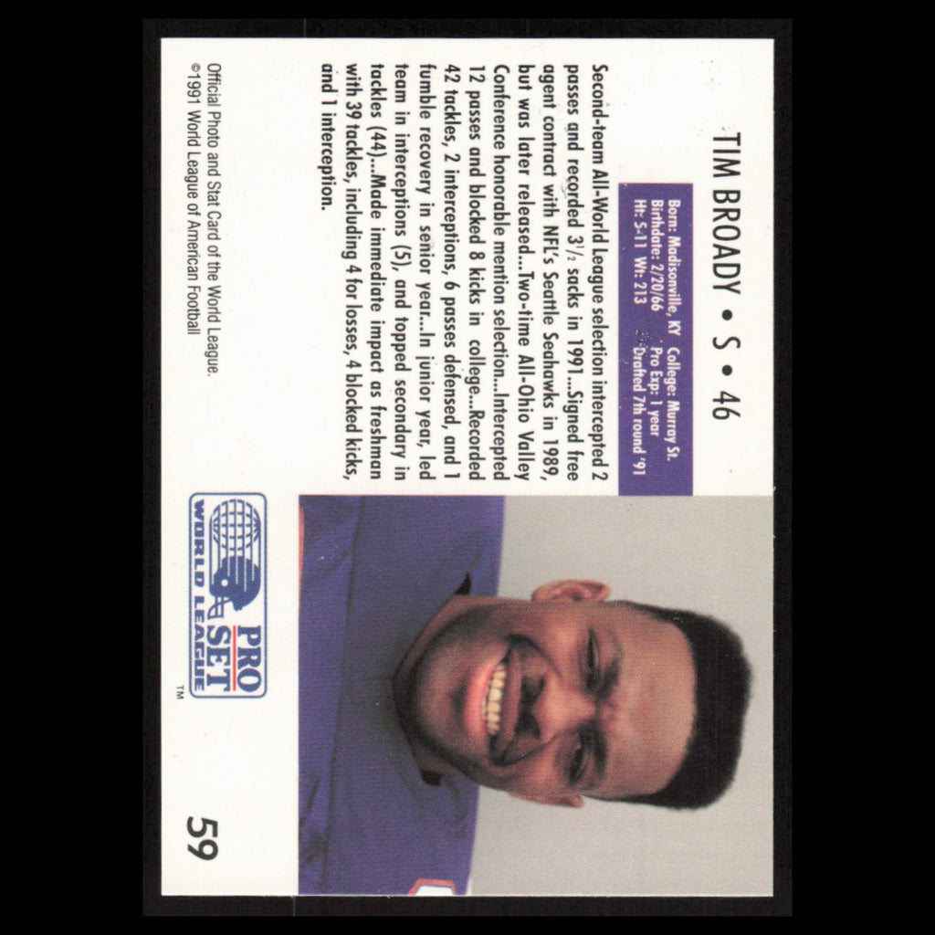Tim Broady #59 1991 Pro Set WLAF Frankfurt Galaxy Football Card NFL NM