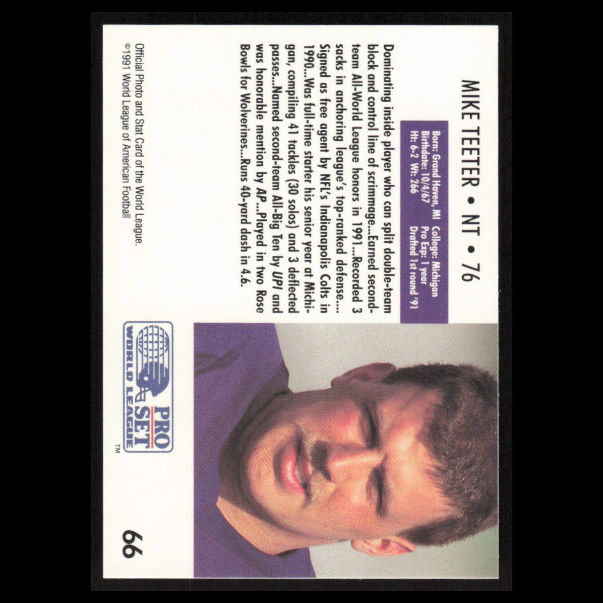 Mike Teeter #66 1991 Pro Set WLAF Frankfurt Galaxy Football Card NFL NM