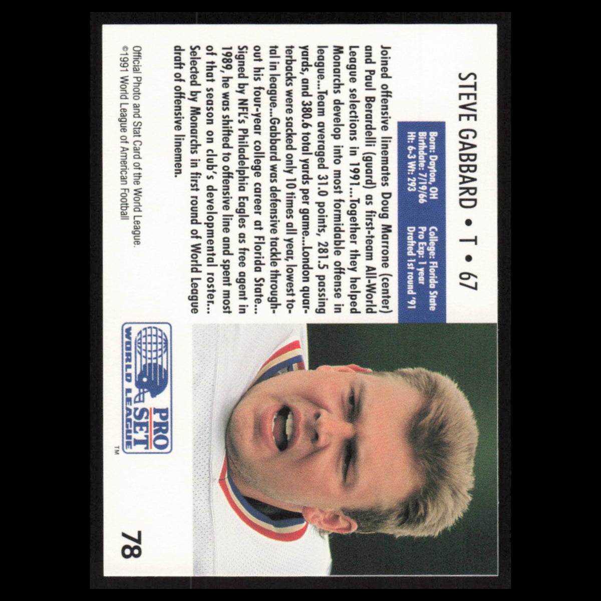 Steve Gabbard #78 1991 Pro Set WLAF London Monarchs Football Card NFL NM
