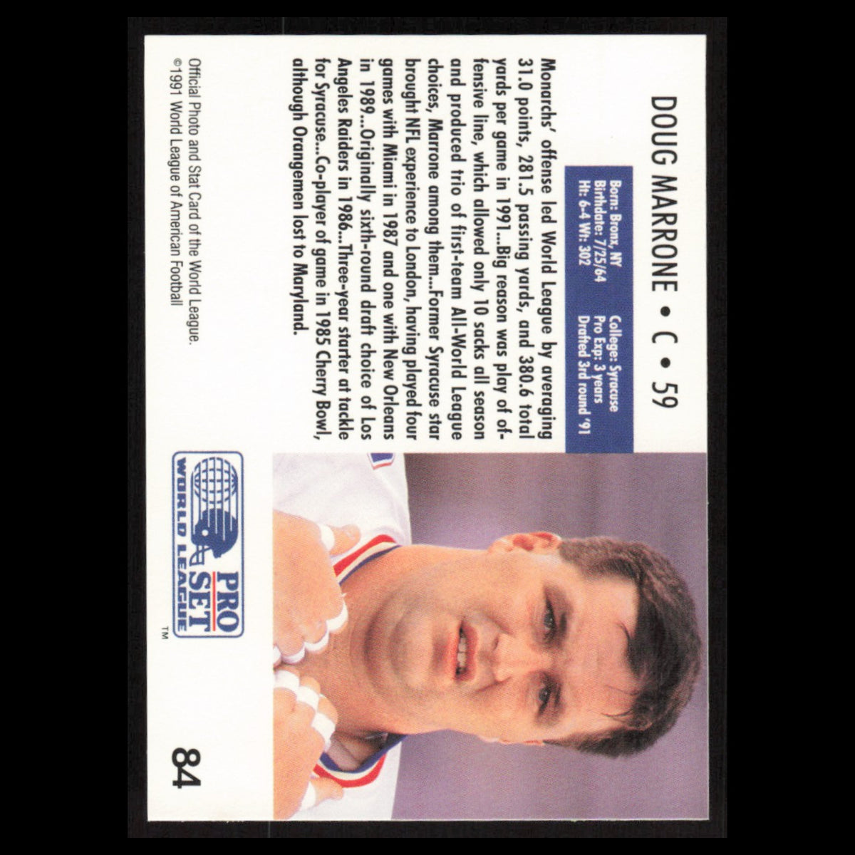 Doug Marrone #84 1991 Pro Set WLAF London Monarchs Football Card NFL NM