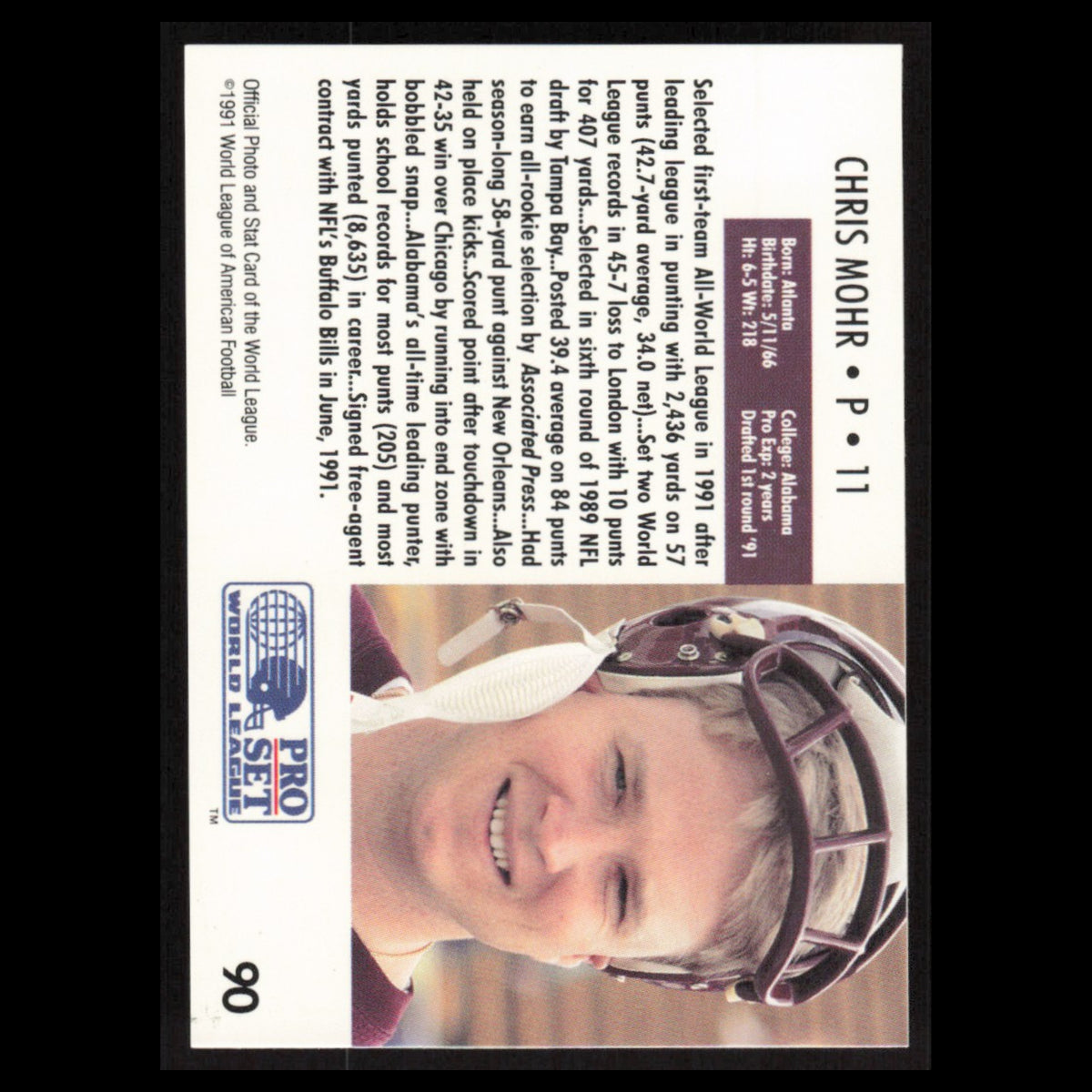 Chris Mohr #90 1991 Pro Set WLAF Montreal Machine Football Card NFL NM