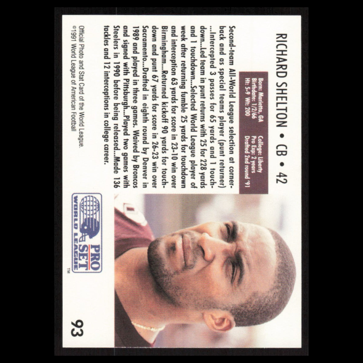 Richard Shelton #93 1991 Pro Set WLAF Montreal Machine Football Card NFL NM