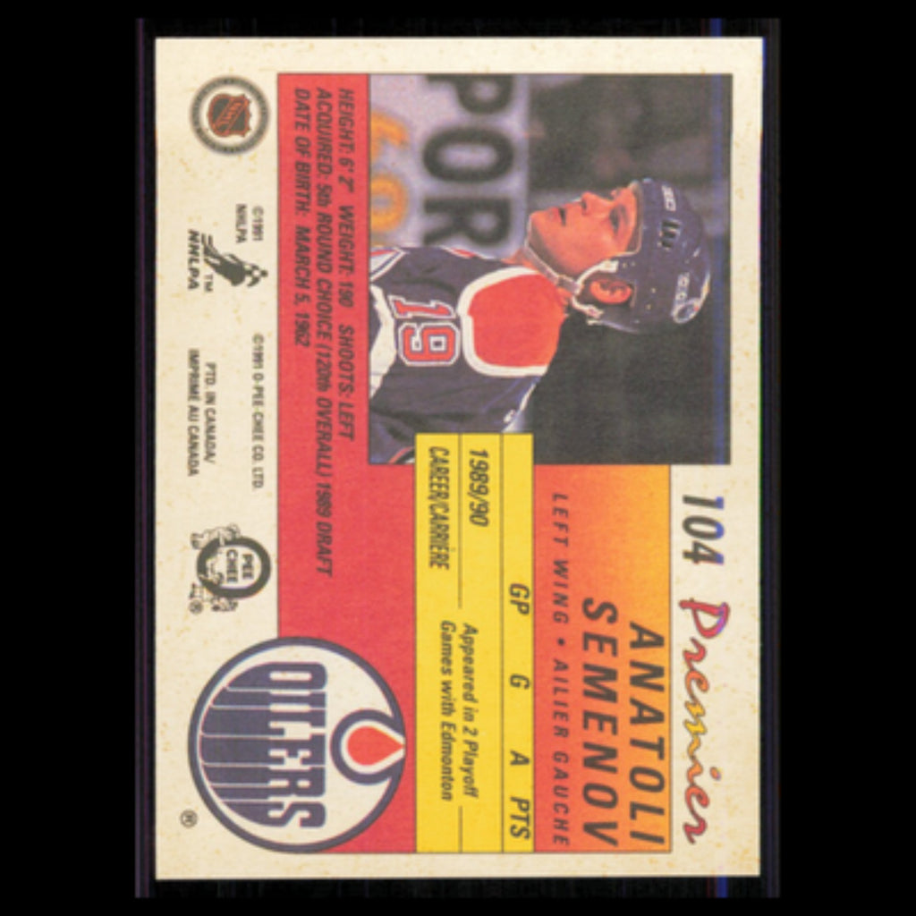 Anatoli Semenov Rookie #104 1990 O-Pee-Chee Premier Edmonton Oilers Hockey Card