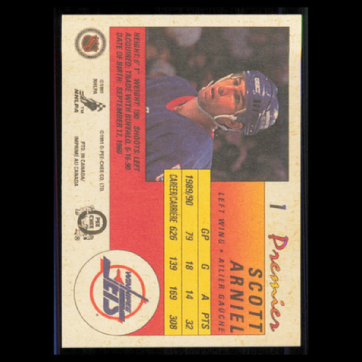 Scott Arniel #1 1990 O-Pee-Chee Premier Winnipeg Jets Hockey Card NHL NM