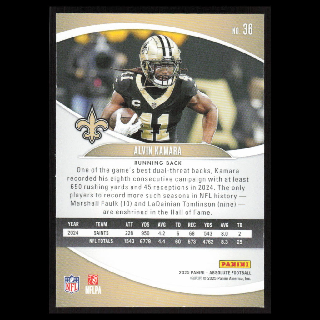 Alvin Kamara #36 2025 Panini Absolute New Orleans Saints Football Card NFL NM