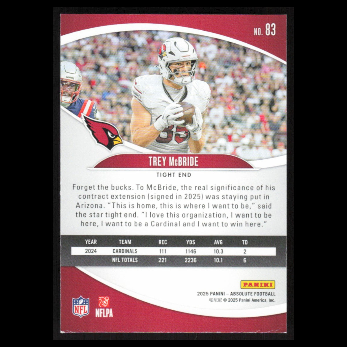 Trey McBride #83 2025 Panini Absolute Arizona Cardinals Football Card NFL NM