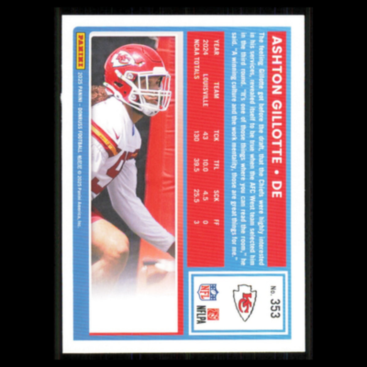 Ashton Gillotte Rookie #353 2025 Donruss Kansas City Chiefs Football Card NFL NM