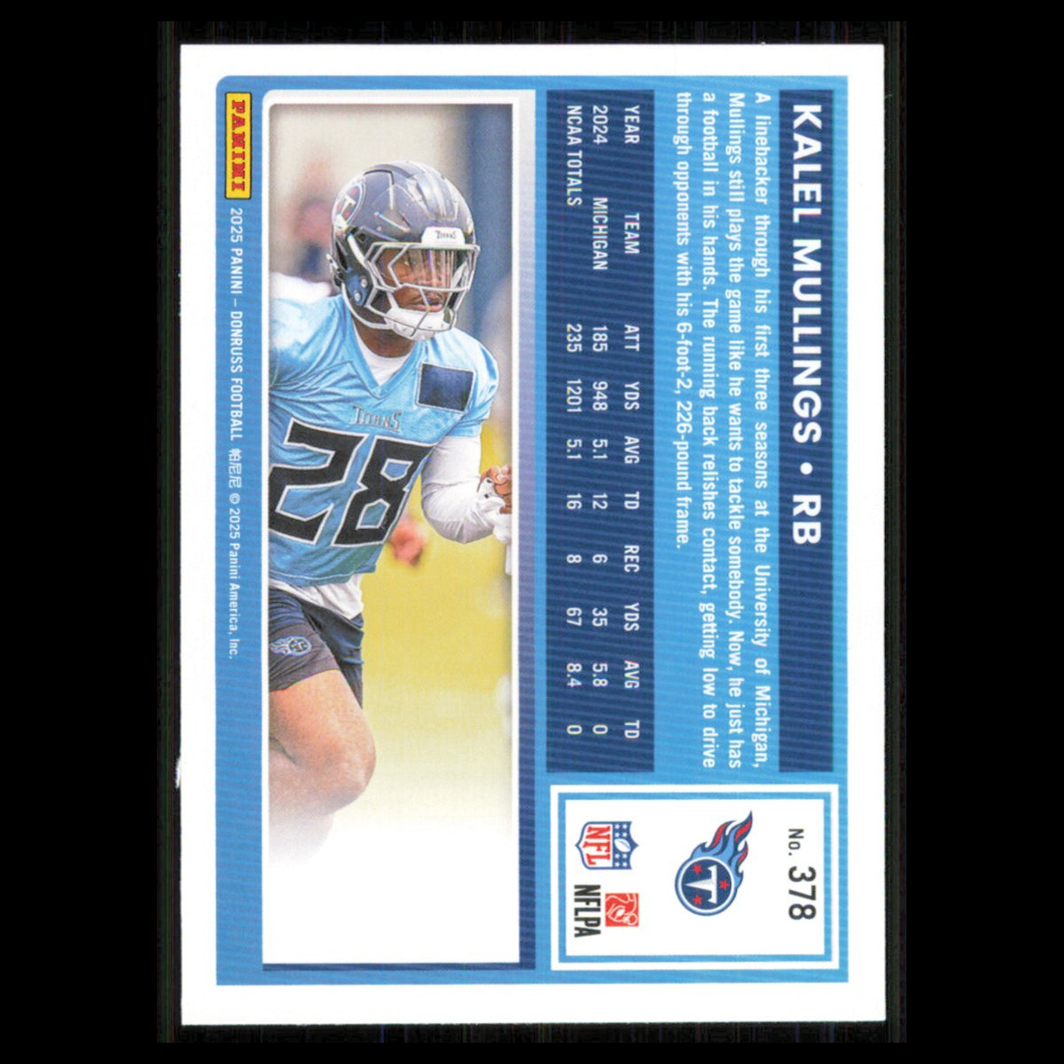 Kalel Mullings Rookie #378 2025 Donruss Tennessee Titans Football Card NFL NM