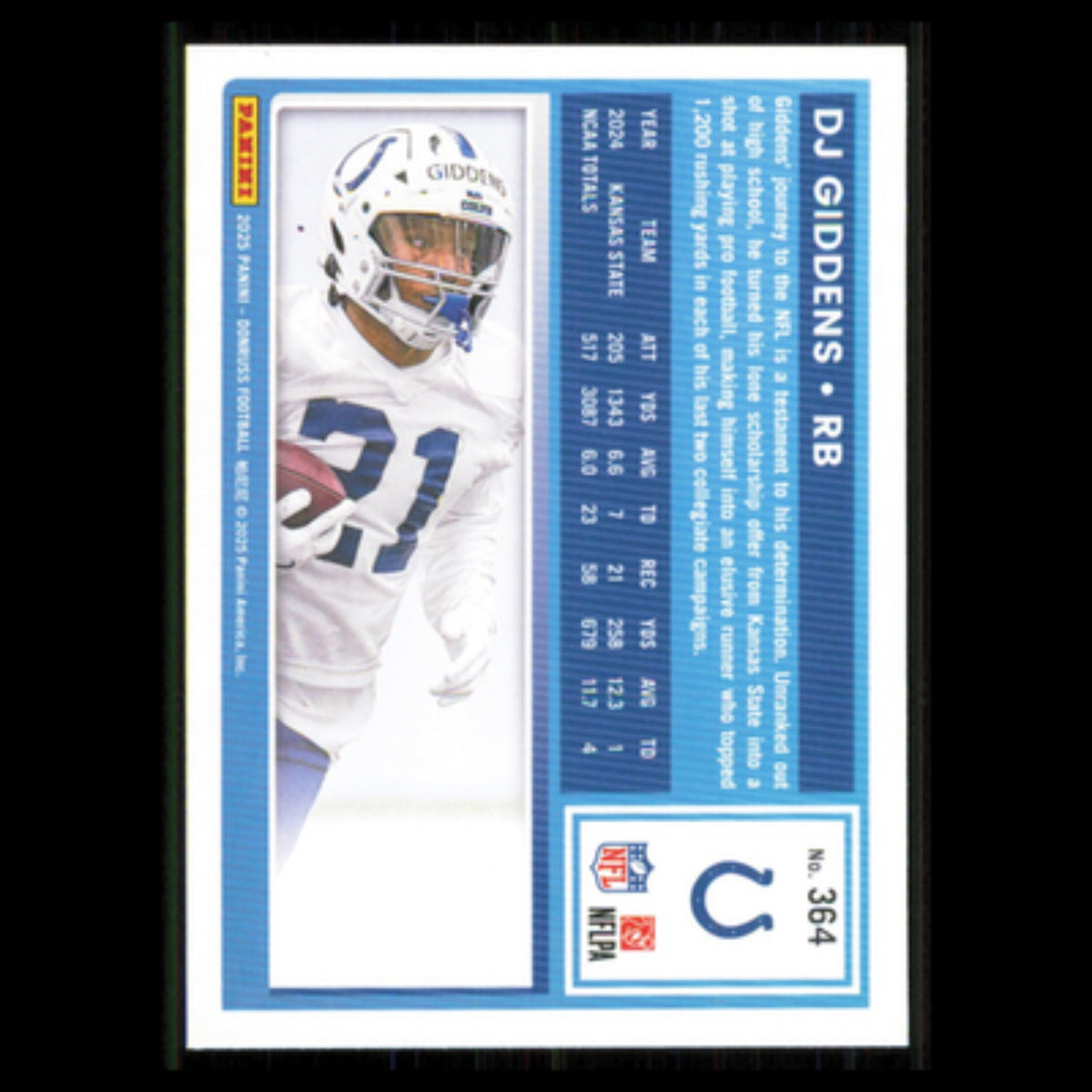 DJ Giddens Rookie #364 2025 Donruss Indianapolis Colts Football Card NFL NM