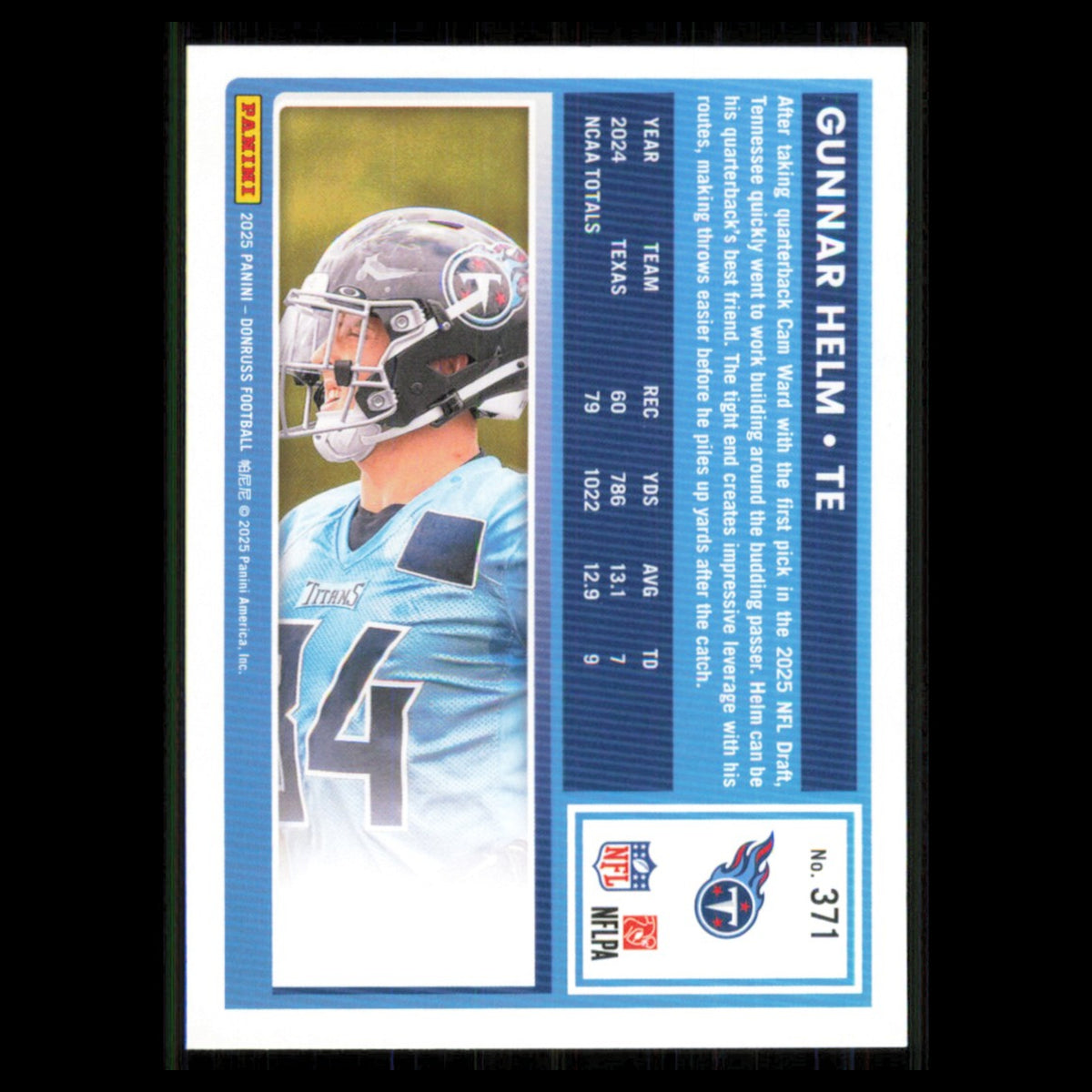 Gunnar Helm Rookie #371 2025 Donruss Tennessee Titans Football Card NFL NM