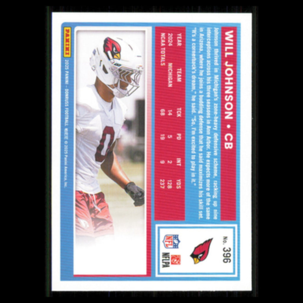 Will Johnson Rookie #396 2025 Donruss Arizona Cardinals Football Card NFL NM