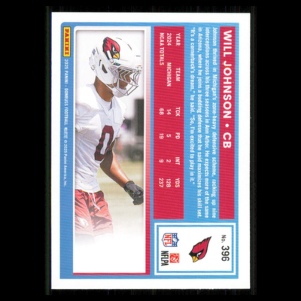 Will Johnson Rookie #396 2025 Donruss Arizona Cardinals Football Card NFL NM