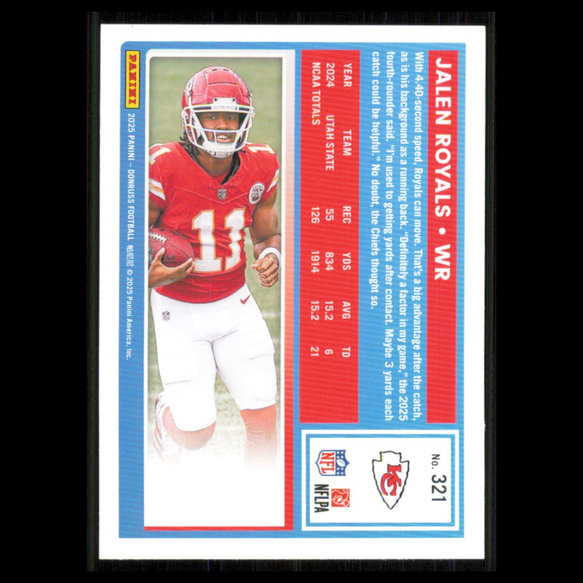 Jalen Royals Rookie #321 2025 Donruss Kansas City Chiefs Football Card NFL NM