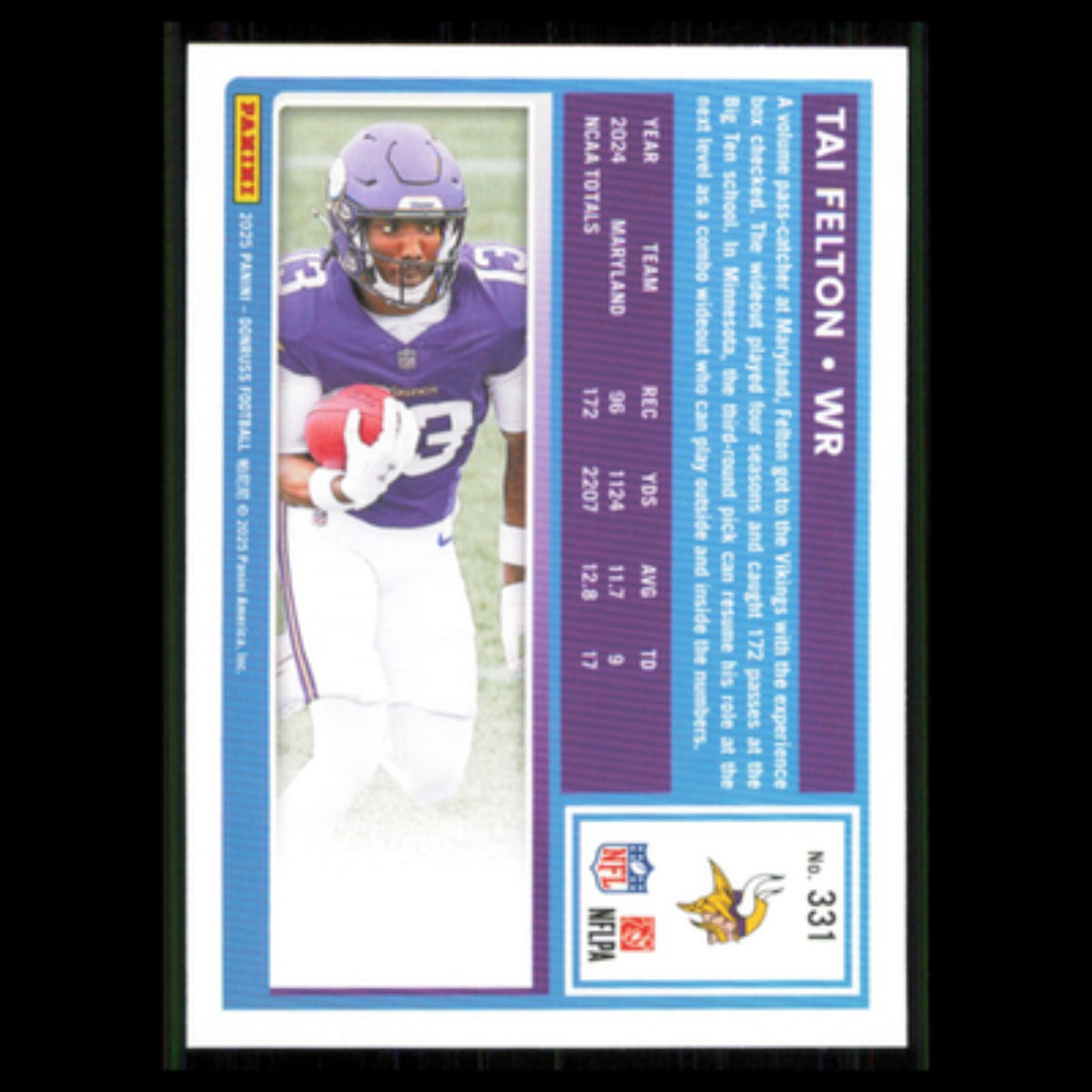 Tai Felton Rookie #331 2025 Donruss Minnesota Vikings Football Card NFL NM