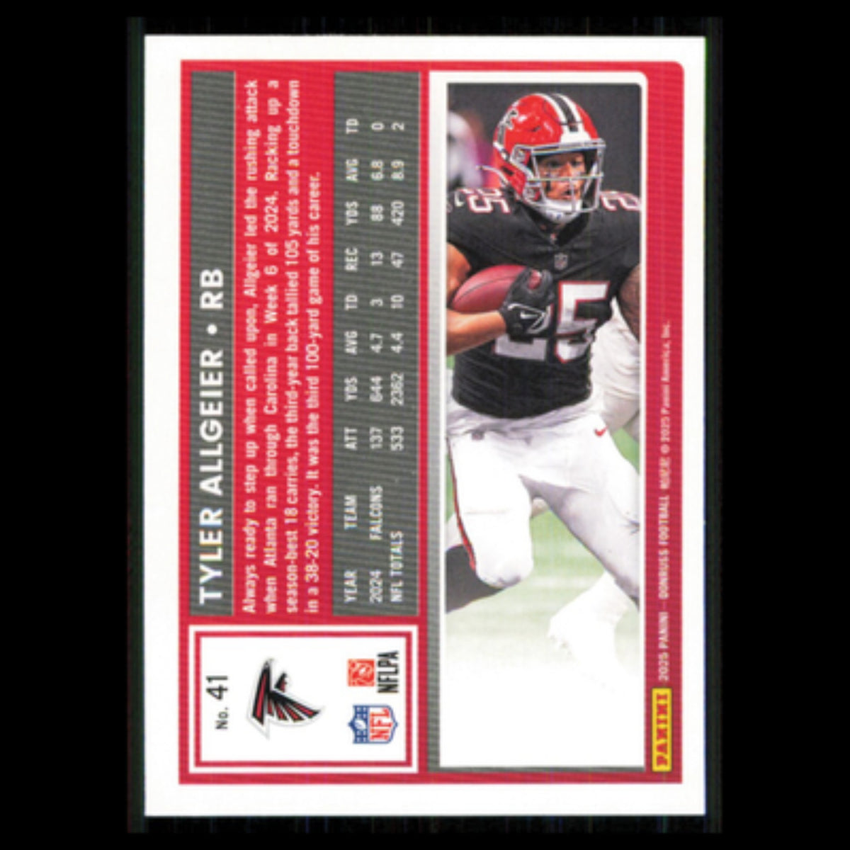 Tyler Allgeier #41 2025 Donruss Atlanta Falcons Football Card NFL NM