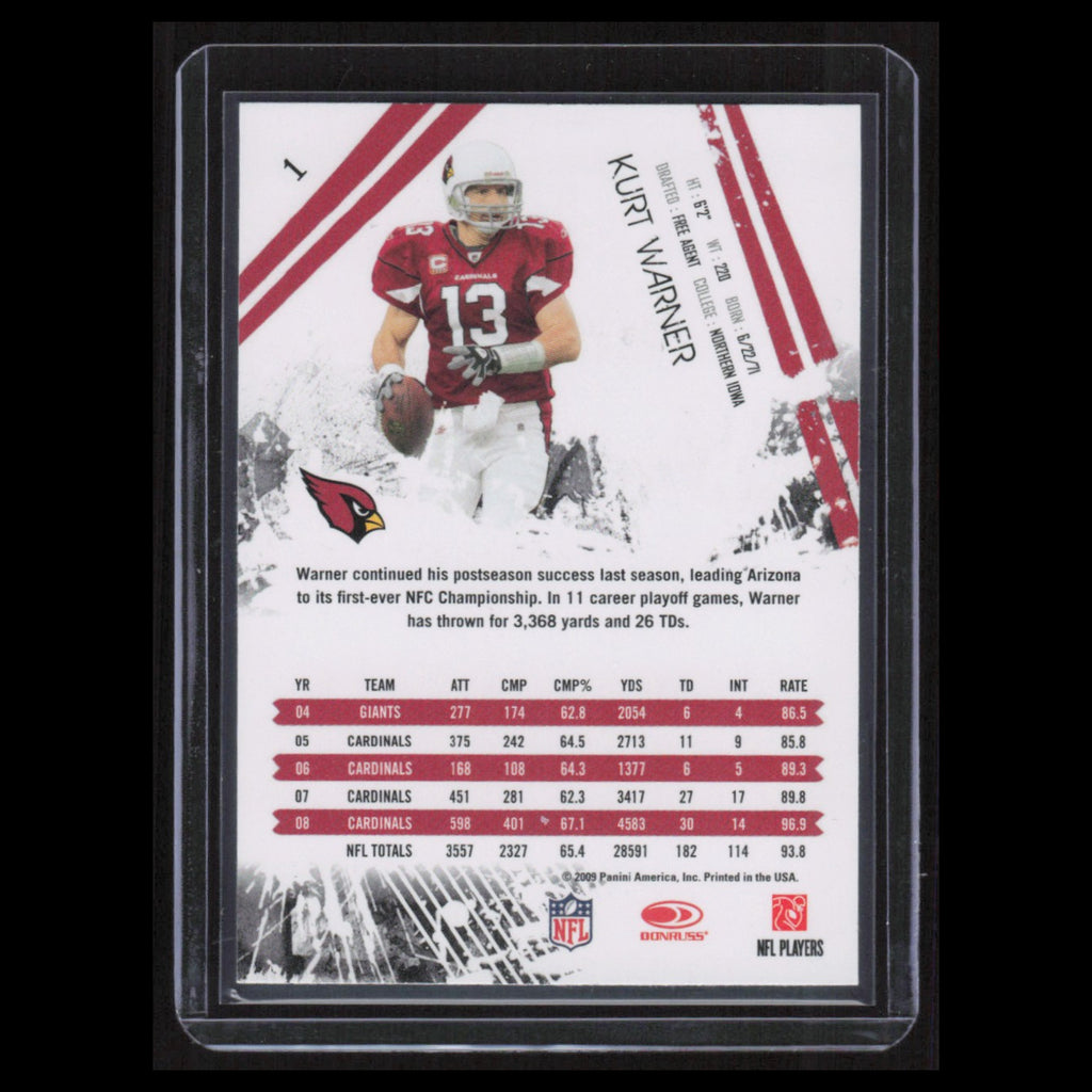 Kurt Warner #1 2009 Donruss Rookie and Stars Arizona Cardinals Football Card NFL