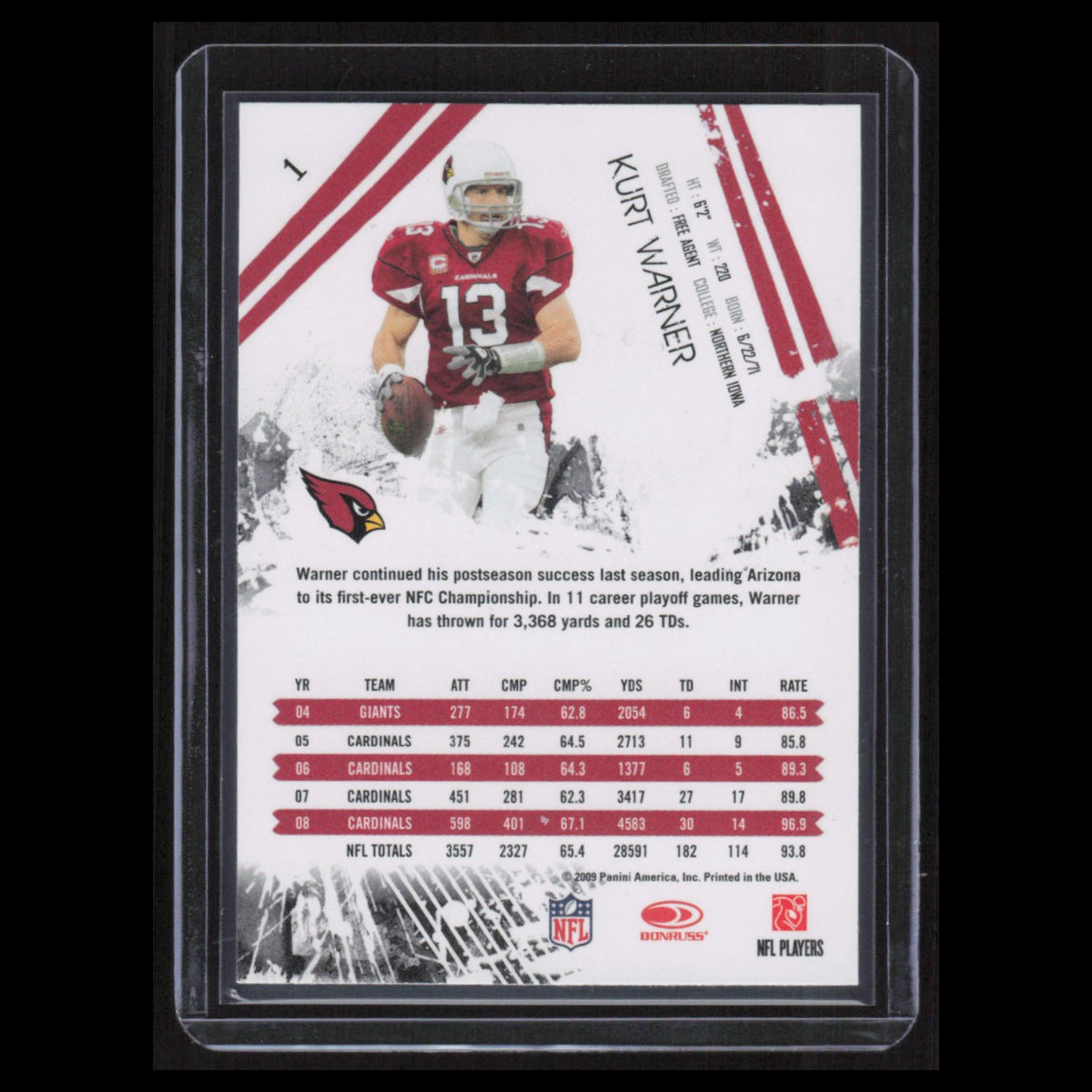 Kurt Warner #1 2009 Donruss Rookie and Stars Arizona Cardinals Football Card NFL