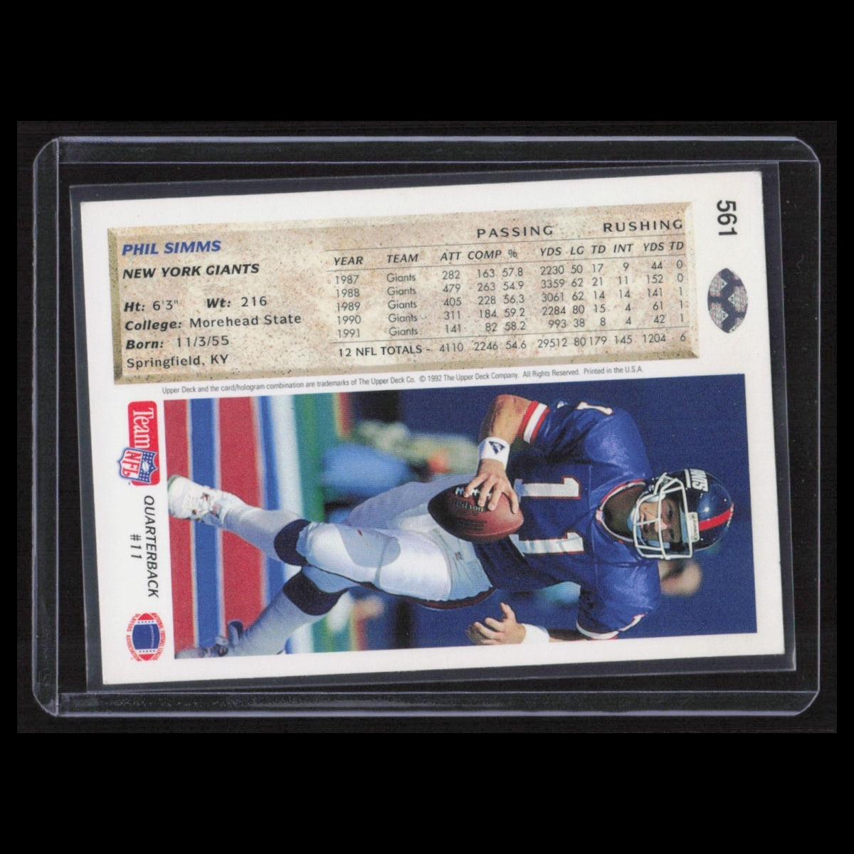 Phil Simms #561 1992 Upper Deck New York Giants Football Card NFL NM