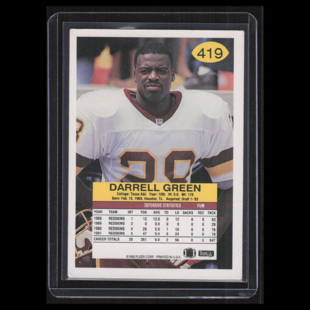 Darrell Green #419 1992 Fleer Washington Redskins Football Card NFL NM
