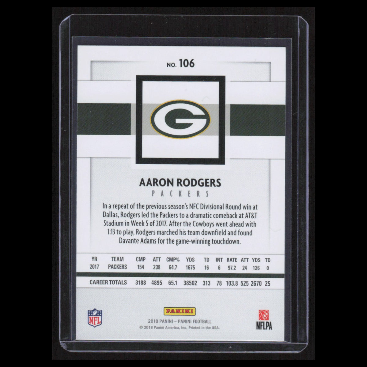 Aaron Rodgers #106 2018 Panini Green Bay Packers Football Card NFL NM