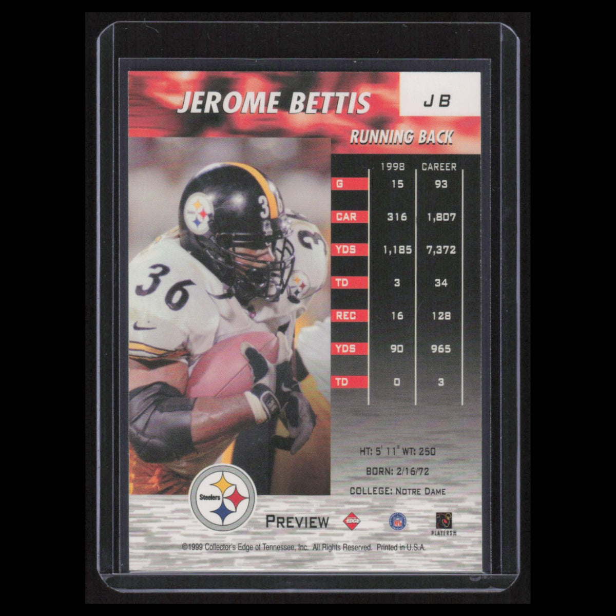 Jerome Bettis #JB 1999 Collectors Edge Fury Pittsburgh Steelers Football Card NM
