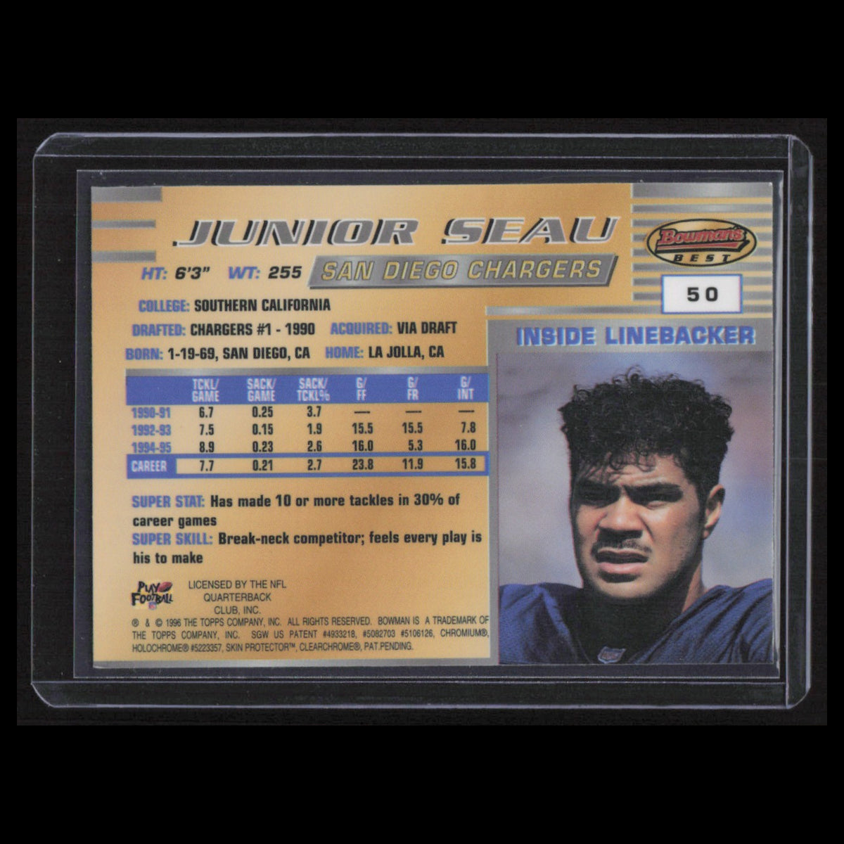 Junior Seau #50 1996 Bowmans Best San Diego Chargers Football Card NFL NM