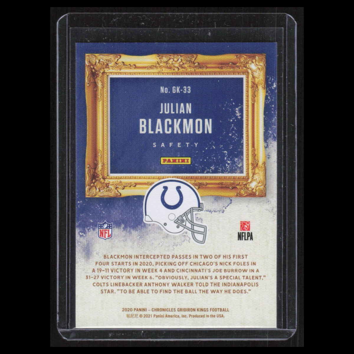Julian Blackmon Rookie #GK-33 2020 Panini Chronicles Gridiron Kings Colts Card