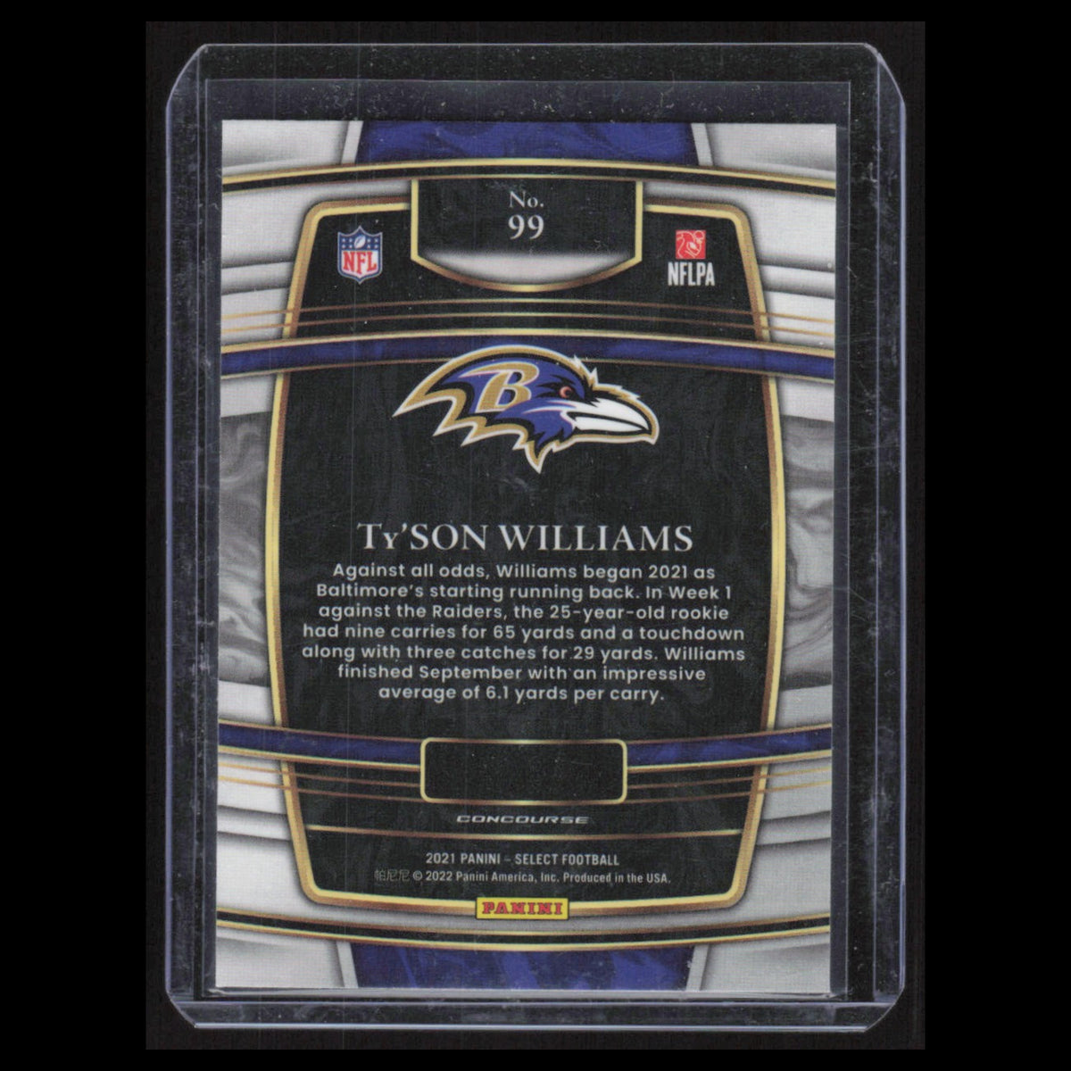 TySon Williams Rookie #99 2021 Panini Select Baltimore Ravens Football Card NFL