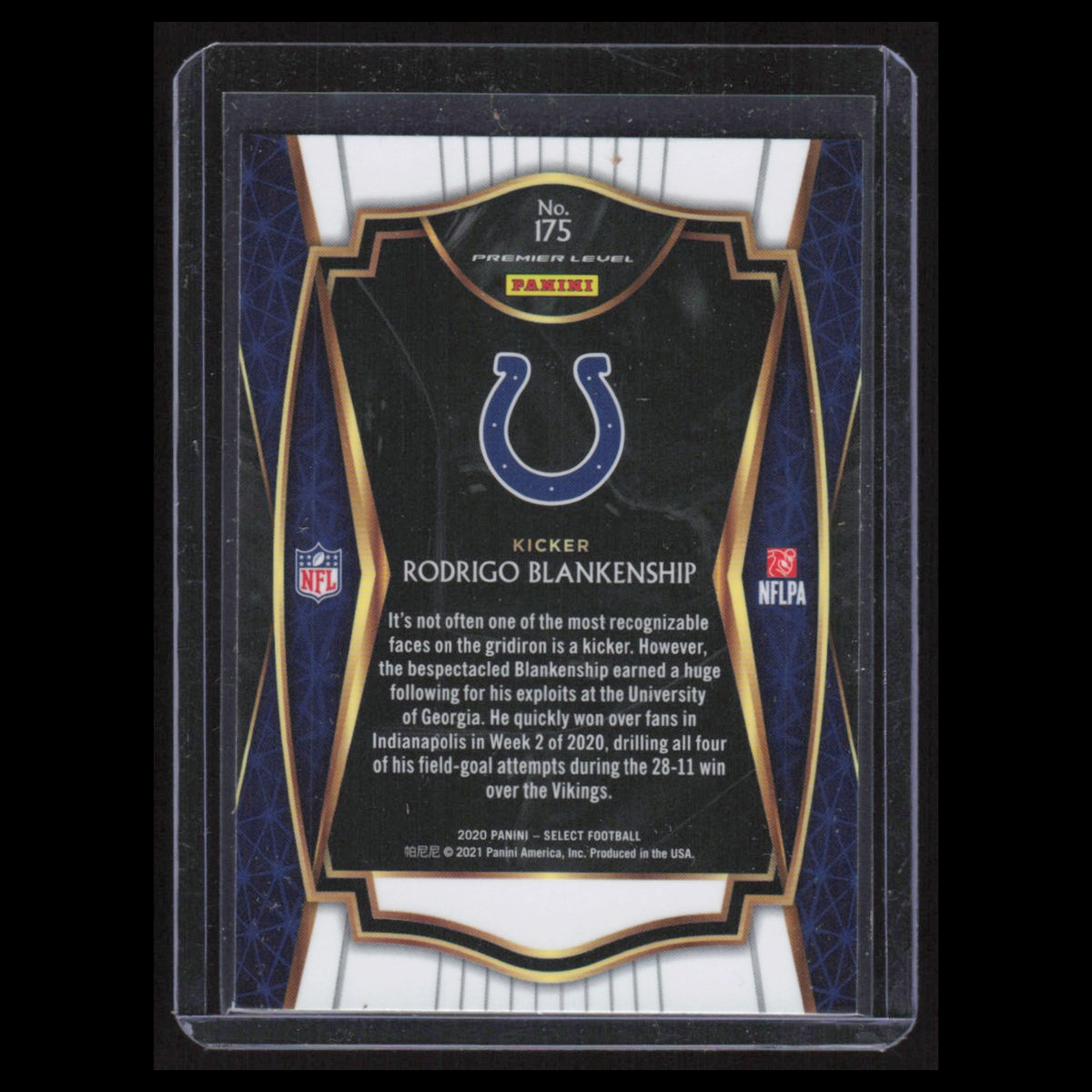 Rodrigo Blankenship Rookie #175 2020 Panini Select Indianapolis Colts Football