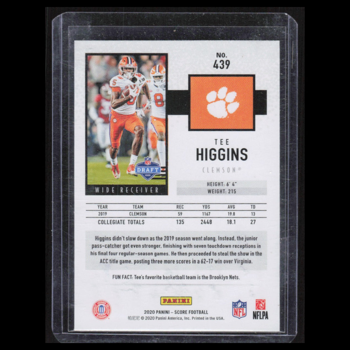 Tee Higgins Rookie #439 2020 Score Clemson Tigers Football Card NFL NM