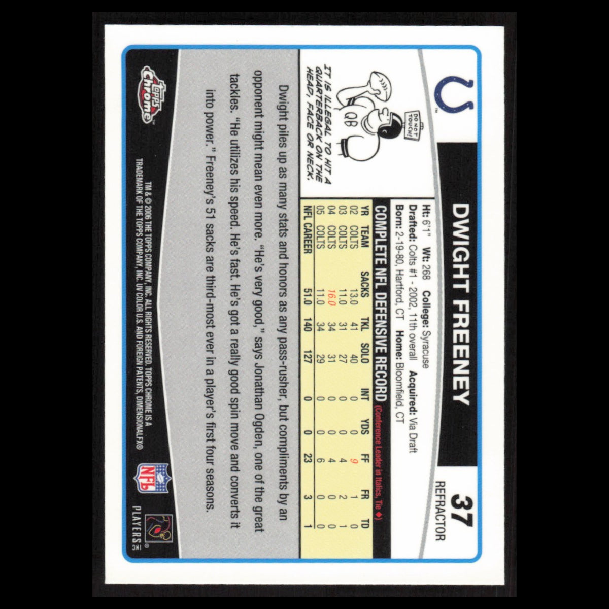 Dwight Freeney #37 2006 Topps Chrome Refractor Indianapolis Colts Football Card