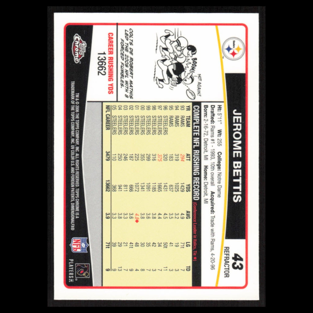 Jerome Bettis #43 2006 Topps Chrome Refractor Pittsburgh Steelers Football Card