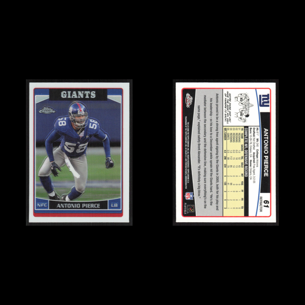 Antonio Pierce #61 2006 Topps Chrome Refractor New York Giants Football Card NFL